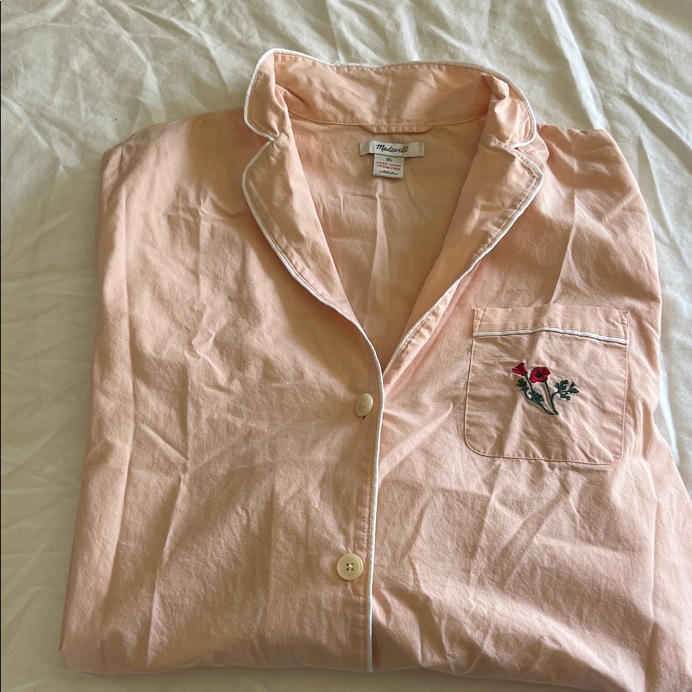 Madewell Peach Button-Up Pajama Top with Floral Embroidery